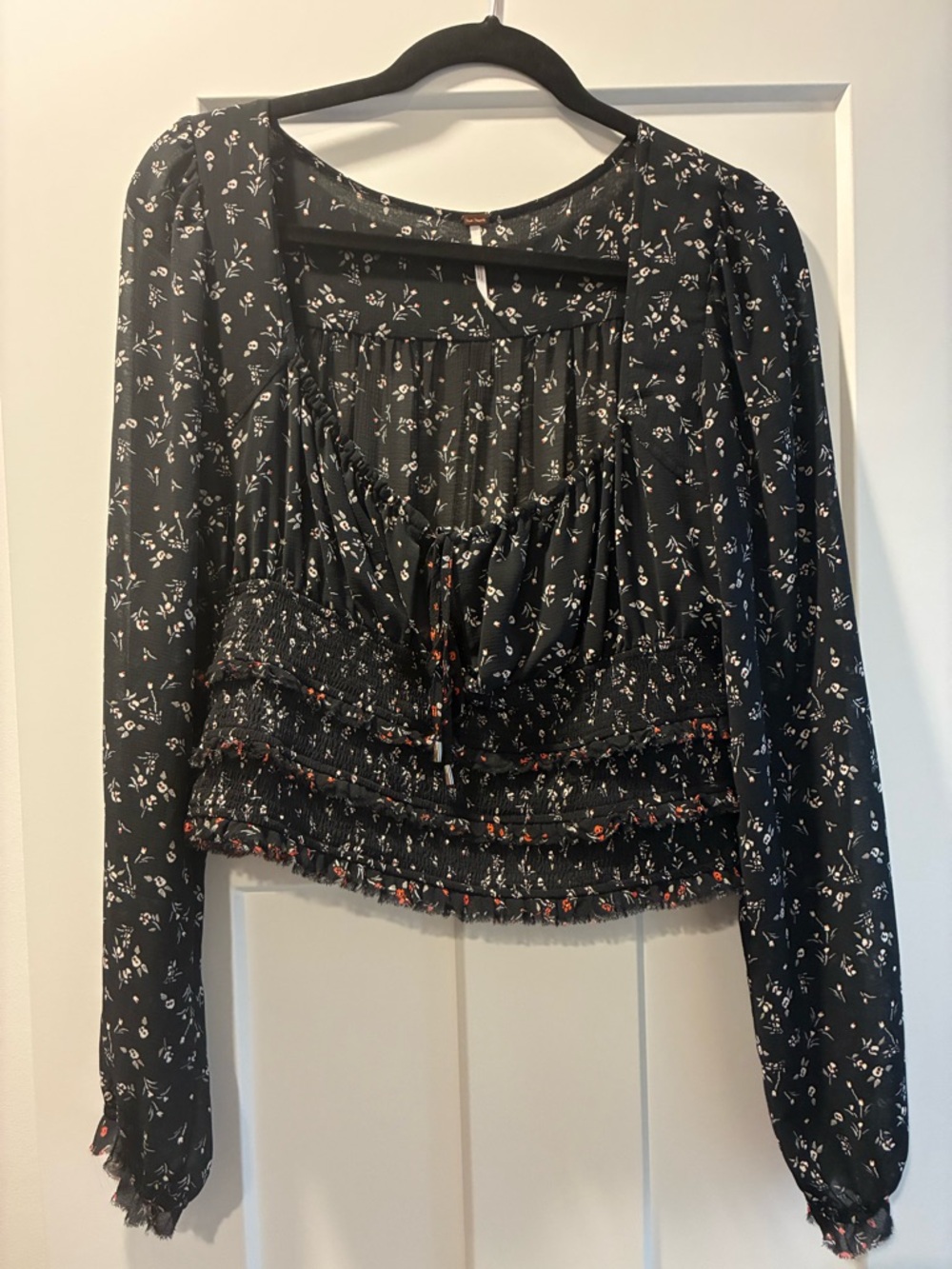Free People Black Floral Smocked Waist Long-Sleeve Blouse